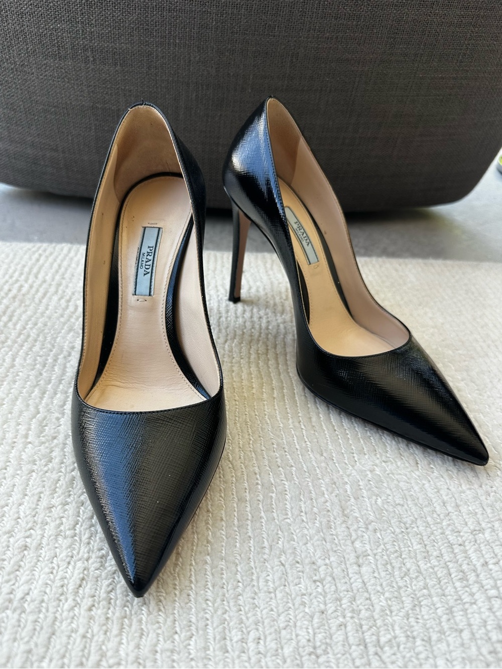 Prada Saffiano Textured Patent Leather Pump in Black